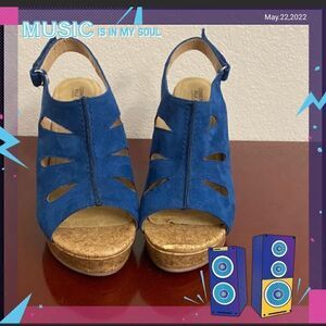 Cushion Walk Blue Suede Ladies 4 inch wedge sandals